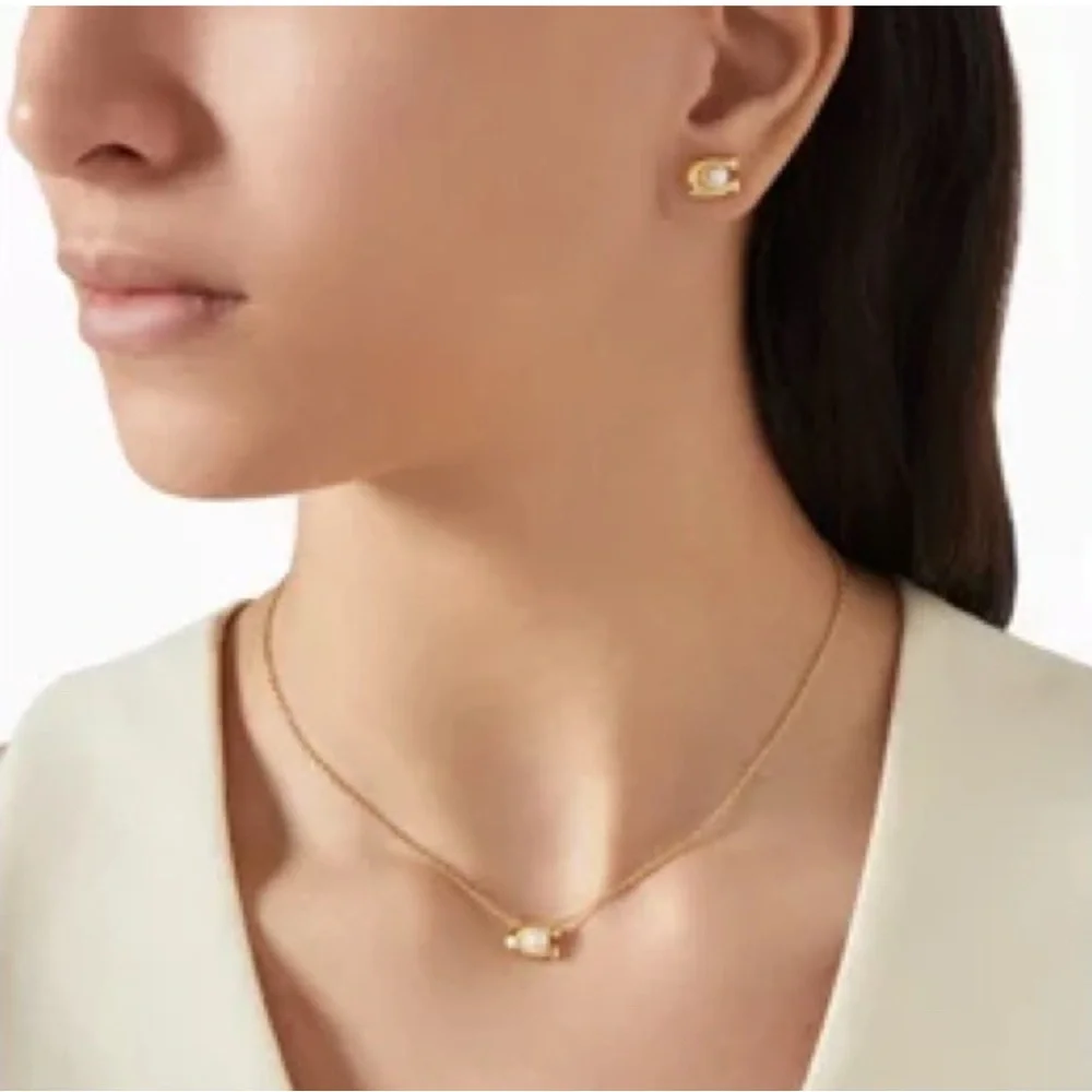 Coach Gold & Pearl C-Shape Post Earrings NWT - Picture 4 of 8